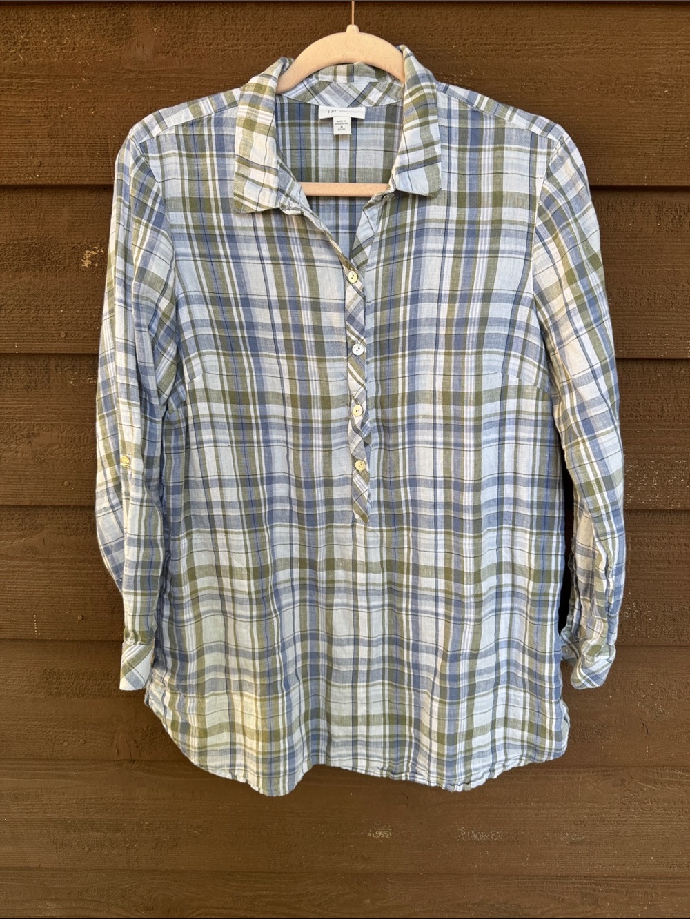 J. Jill Blue and Olive Plaid Button-Up Tunic Shirt size Medium Petite